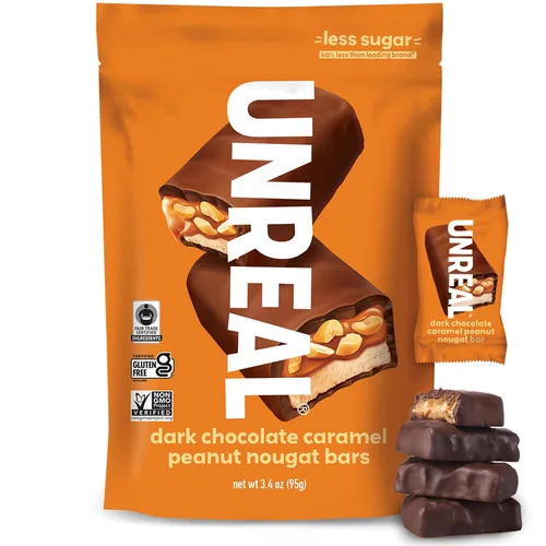 Miniatura 9 de UNREAL Barras de turrón de cacahuete con caramelo y chocolate oscuro, 70% ingredientes orgánicos, comercio justo, sin OMG, sin jarabe de maíz