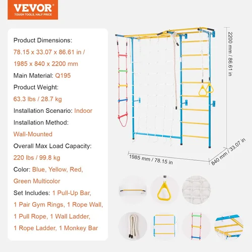 Miniatura 7 de VEVOR Gimnasio interior de la jungla para niños pequeños, juego de escalada 7 en 1 con escalera sueca de acero al carbono, escalera de pared, barra
