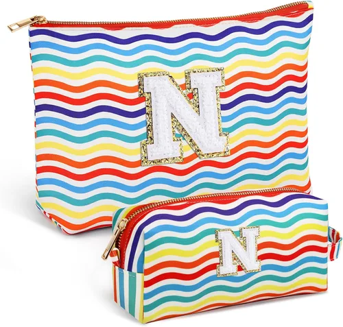Miniatura 25 de Bolsa de viaje de maquillaje con monograma de 2 piezas para regalos de niñas adolescentes, bolsa de cosméticos para niñas, bolsa de aseo de viaje