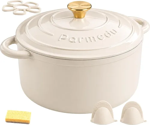 Parmedu Horno holandés de hierro fundido esmaltado de 5.5 cuartos de galón para hornear pan de masa madre, fácil limpieza, versátil para guisar,