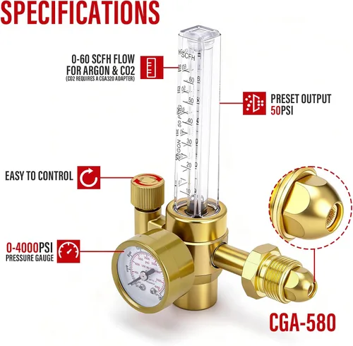 Miniatura 3 de Regulador de argón de CO2 Medidor de flujo de argón Medidor de regulador de gas para soldadura Mig Tig con soldadura de manguera de gas de 10 pies