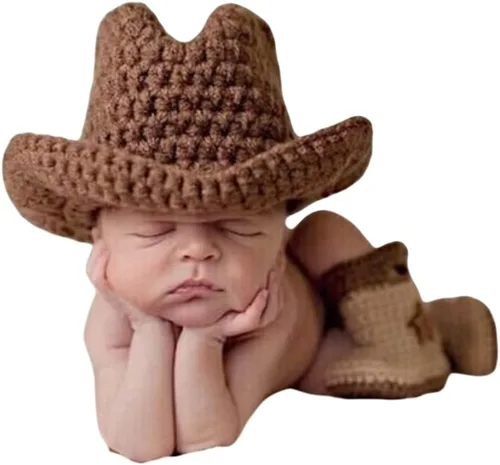 Miniatura 5 de Ropa de ganchillo para niños y niñas recién nacidos, sombrero de vaquero con zapatos, accesorios de fotografía, disfraz