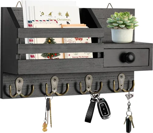 Soporte para llaves de pared, organizador de correo adhesivo de madera y llaves con cajón, estante pequeño, 8 ganchos, 2 métodos de instalación,