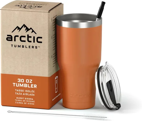 | Vaso aislado de 30 onzas color caoba con popote y limpiador - Mantiene la temperatura hasta 24 horas - Tapa a prueba de derrames, tecnología de