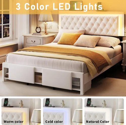 Miniatura 6 de Base de cama tamaño matrimonial con cabecera capitoné con botones, base de cama tapizada con luces LED, estación de carga, almacenamiento