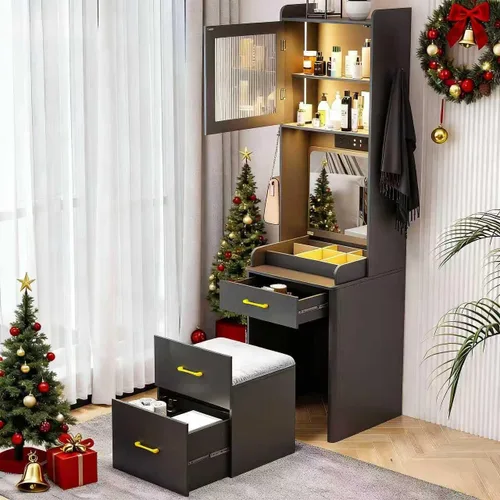 Miniatura 11 de Escritorio de tocador 3 en 1 con espejo abatible y luces, mesa de tocador de maquillaje con parte superior de vidrio con estación de carga, tocador