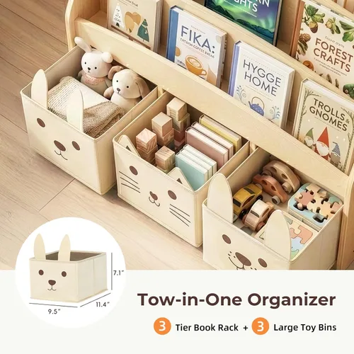 Miniatura 4 de OOOK Estantería infantil de 3 niveles con 3 contenedores de almacenamiento de tela extraíbles, estantería Montessori para niños pequeños