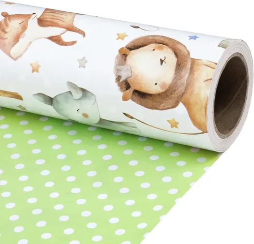 Miniatura 11 de RUSPEPA Rollo de papel de regalo reversible, rollo jumbo, conejo lunar y patrón de puntos para envoltura de regalos neutros de bebé, fiesta