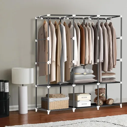 Miniatura 4 de LOKEME Armario portátil, armarios portátiles para colgar ropa con 3 varillas para colgar y 6 estantes de almacenamiento y 4 bolsillos laterales