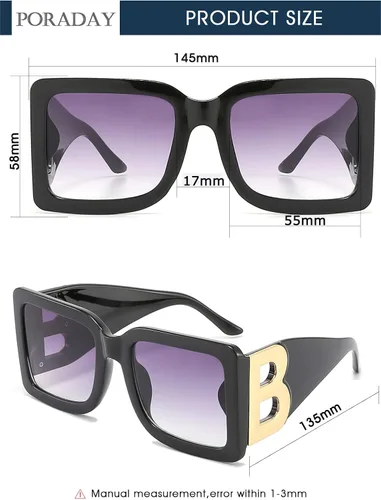 Miniatura 71 de PORADAY Gafas de sol cuadradas grandes de moda para mujeres y hombres, marco grueso negro de lujo, gafas de sol modernas con montura grande