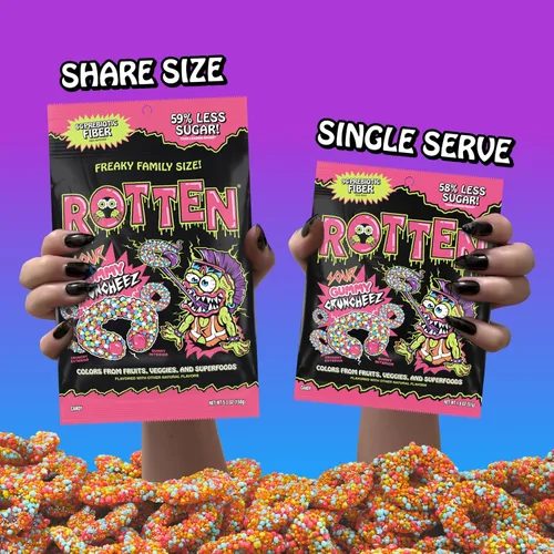 Miniatura 7 de Rotten Sour Gummy Cruncheez - Bajo en azúcar, bajo en calorías, 5g de fibra prebiótica amigable para el intestino, dulces sin gluten, sin colorantes