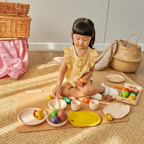 Miniatura 8 de PlanToys Juego de verduras surtidas de madera Montessori Play Food para niños pequeños Incluye tomate, champiñón, chalota, pimiento morrón y Set