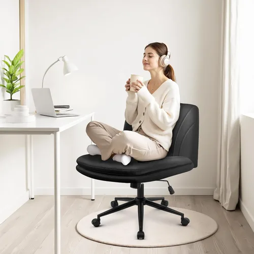Miniatura 7 de Orange Factory Silla Criss Cross con Ruedas Silla de Escritorio de Tocador Ancha y Cómoda Base Dual de Cuero sin Brazos Ajustable Giratoria