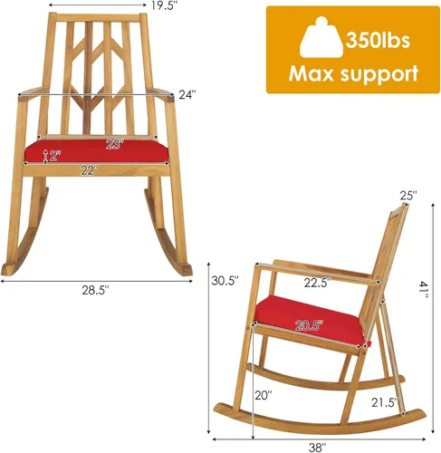 Miniatura 3 de Tangkula Mecedora de madera de acacia para patio, con cojín extraíble de alta densidad, resistente a todo tipo de clima, base equilibrada, perfecta