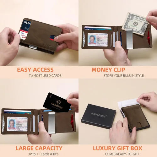 Miniatura 136 de RUNBOX - Carteras delgadas para hombre, cartera de piel con pinza para el dinero, cartera de bolsillo frontal con bloqueo RFID, tarjetero
