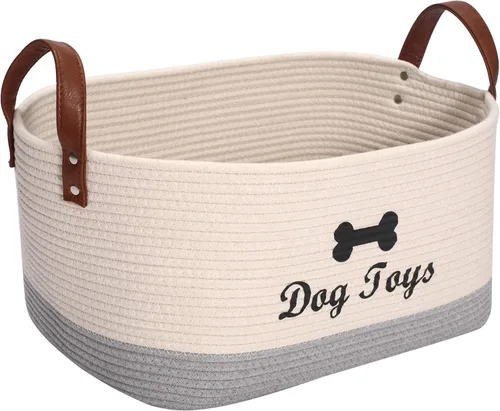 Miniatura 9 de Cesta de almacenamiento de juguetes de cuerda de algodón para perros, tamaño mediano, contenedor de juguetes para perros con asa, organizador