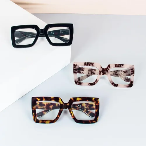 Miniatura 5 de Paquete de 3 lentes de lectura de marco grueso de gran tamaño para mujer, elegantes anteojos cuadrados grandes que bloquean la luz azul