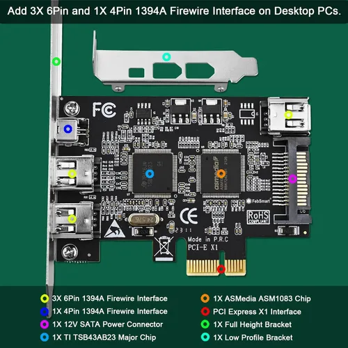 Miniatura 2 de Tarjeta de expansión PCIE Firewire 400 1394A de 4 puertos, Texas Instruments TI TSB43AB23, Plug and Play en PC de escritorio Windows y MAC, 3