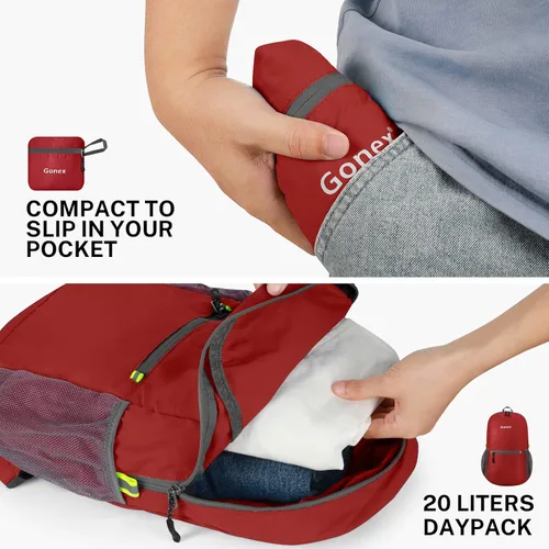 Miniatura 4 de Gonex Mochila Ultraligera Plegable de 20L, Práctica, Plegable para Camping, Viajes al Aire Libre, Ciclismo, Mochila Escolar Rojo
