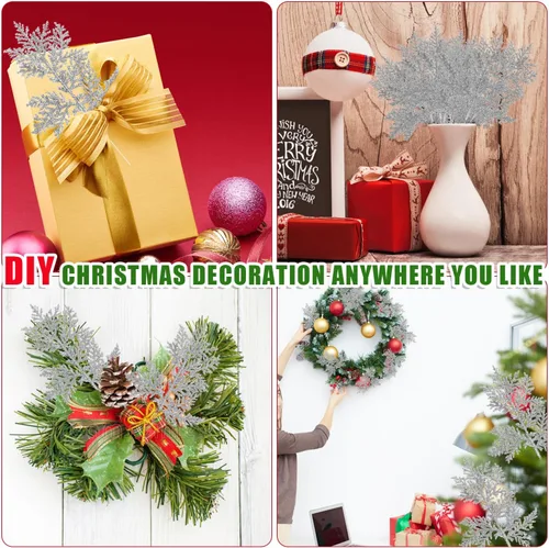 Miniatura 7 de DIYASY Ramas de relleno de árbol de Navidad, hojas de aguja de pino artificial con purpurina de 11 pulgadas, ramas florales, adornos de hojas