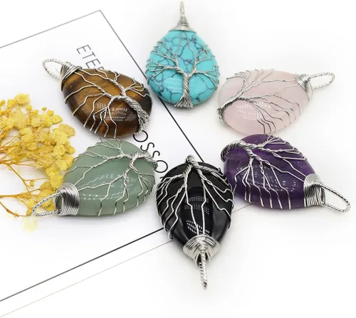 Miniatura 3 de 4 colgantes de piedra natural, forma de gota de agua, chakra, cristal, ágata, alambre de piedra, tejer, diseño de árbol de la vida, para hacer