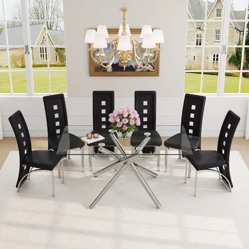 Miniatura 18 de Juego de mesa de comedor moderna para mesa de comedor negra de 4,63 pulgadas, juego de 4 con patas de metal dorado, mesa de cocina rectangular