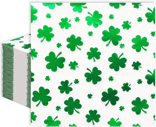 JarThenaAMCS 100 servilletas de cóctel de trébol del día de San Patricio de 3 capas de papel de aluminio de trébol verde, servilletas de papel