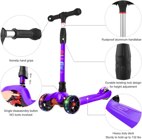 Miniatura 2 de Allek Kick Scooter B02, Lean 'N Glide Scooter con ruedas iluminadas de poliuretano extra anchas y 4 alturas ajustables para niños de 3 a 12 años