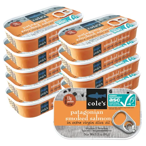 Miniatura 9 de Cole's Filete de Salmón Ahumado Patagónico con Limón y Eneldo en Aceite de Oliva Extra Virgen 3.2 oz Envasado a Mano Salmón Ahumado Enlatado 13g