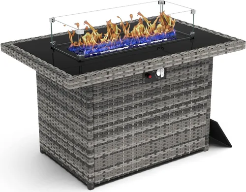 Miniatura 2 de Mesa para fogón de gas propano de 44 pulgadas para patio exterior, fogón rectangular al aire libre de mimbre de ratán de 60000 BTU con protector