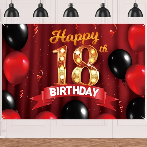 Cartel rojo de feliz cumpleaños 18 años, telón de fondo dorado con globos rojos y negros, decoración temática para niñas y mujeres, princesa de 18