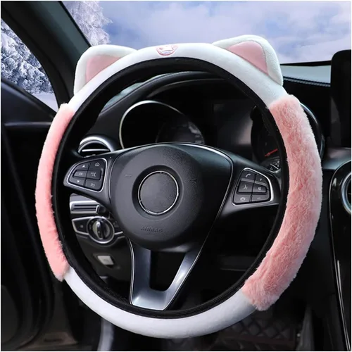 Miniatura 8 de Bittwee Funda para volante de automóvil, felpa suave y esponjosa para invierno cálido, bonito protector de volante con orejas de gatito, universal