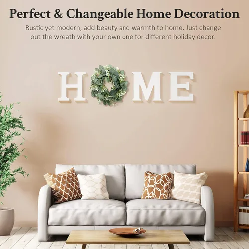 Miniatura 2 de MAYICIVO Letrero moderno de madera para el hogar con corona de eucalipto artificial, blanco y beige, 13.81 pulgadas de diámetro, montaje en pared