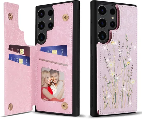 Miniatura 8 de UEEBAI Funda tipo cartera para Samsung Galaxy S23 Ultra con tarjeteros, funda de piel sintética, función atril, bloqueo RFID, doble cierre Mariposa