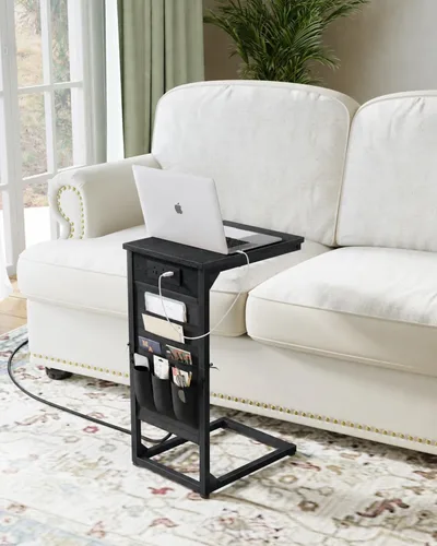 Mesa auxiliar en forma de C con estación de carga rápida, mesa lateral pequeña para sofá con bolsa de almacenamiento, bandeja de TV para sofá para