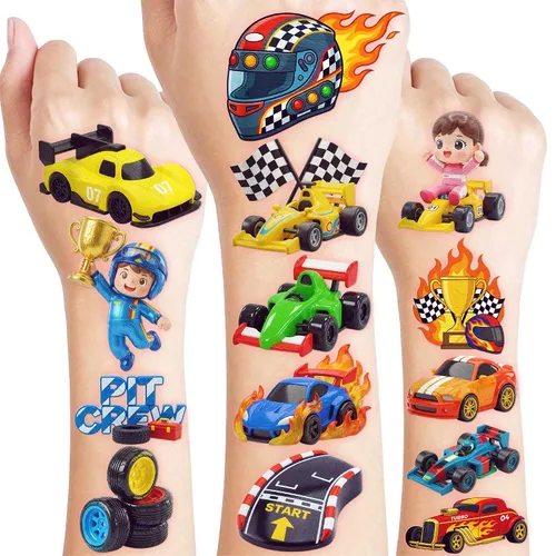 Miniatura 10 de 120 tatuajes temporales precortados de autos de carreras para niños, recuerdos de fiesta de cumpleaños con temática de autos de carreras súper