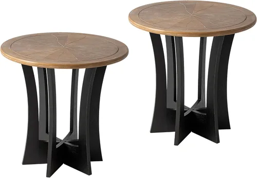 Miniatura 16 de COZAYH Mesa auxiliar redonda de granja con base de pedestal entrecruzada, mesa auxiliar con acabado envejecido, mesa decorativa rústica para sala