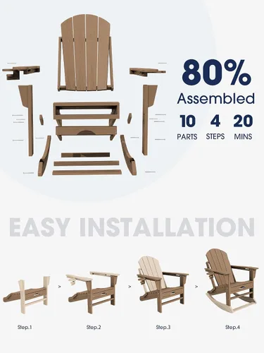 Miniatura 5 de KINGYES Silla mecedora Adirondack con otomano retráctil y portavasos, silla reclinable de patio Adirondack de HDPE para porche, patio, balcón, Teca