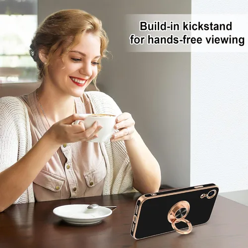 Miniatura 7 de Hython Funda para iPhone XR con soporte de anillo [soporte de anillo giratorio de 360° con soporte magnético] chapado en oro rosa brillante borde
