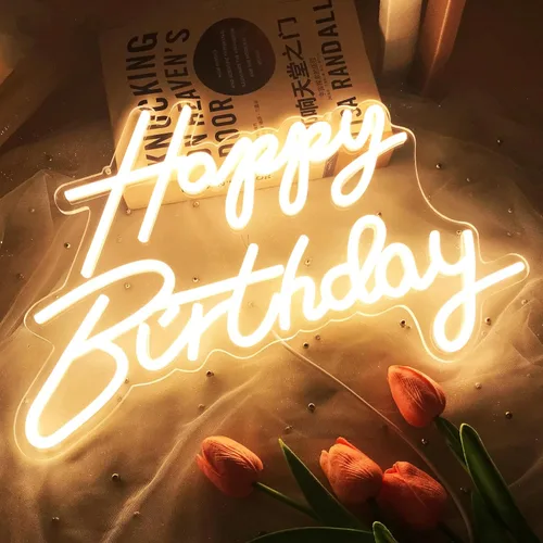 Miniatura 20 de Letrero de neón de feliz cumpleaños, reutilizable, luz LED de neón rosa, decoración de fiesta de cumpleaños, funciona con USB, decorativo para telón