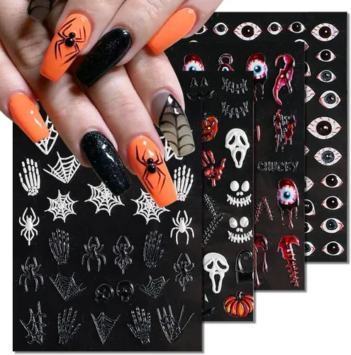 Calcomanías de uñas de Halloween 5D, calcomanías acrílicas con ojos realistas, araña, hueso, en relieve, cráneo, fantasma, calabaza, araña,