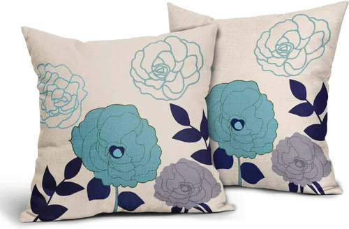 Miniatura 28 de Sweetshow Juego de 2 fundas de almohada florales de color azul marino de 16 x 16 pulgadas, fundas de almohada cuadradas de lino con estampado