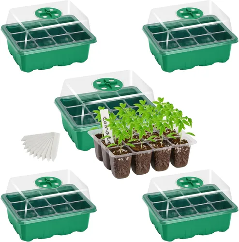 Miniatura 13 de Bonviee Paquete de 10 bandejas iniciadoras de semillas con tapa elevada, kit de bandejas iniciadoras de semillas de 120 celdas engrosadas