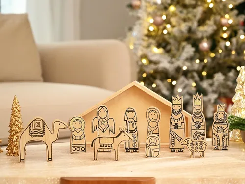 Miniatura 5 de WONDROUS' DECO Juego de Belén de madera, 12 piezas de escena de mesa de Navidad, 7 pulgadas de alto, pequeño adorno de pesebre para decoración