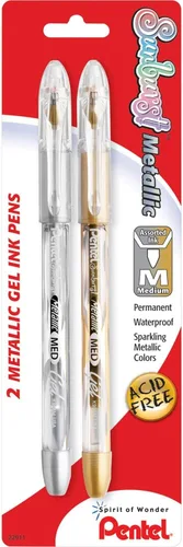 Pentel Sunburst - Bolígrafo de gel metálico, línea media, tinta dorada y plateada permanente, paquete de 2 (K908MBP2XZ)