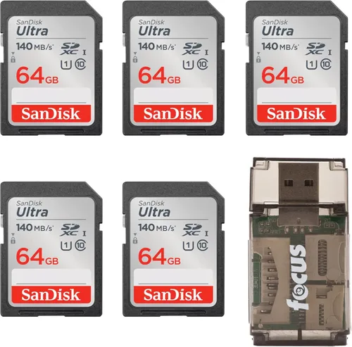 SanDisk Tarjeta de memoria SDXC UHS-I Ultra Class 10 de 64 GB de 140 MB/s (paquete de 5) con lector de tarjetas de alta velocidad todo en uno (6