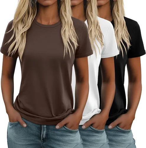 Miniatura 38 de Huukeay Paquete de 3 camisetas de algodón para mujer, estilo casual, de manga corta, cuello redondo, ajuste holgado, básica, lisa