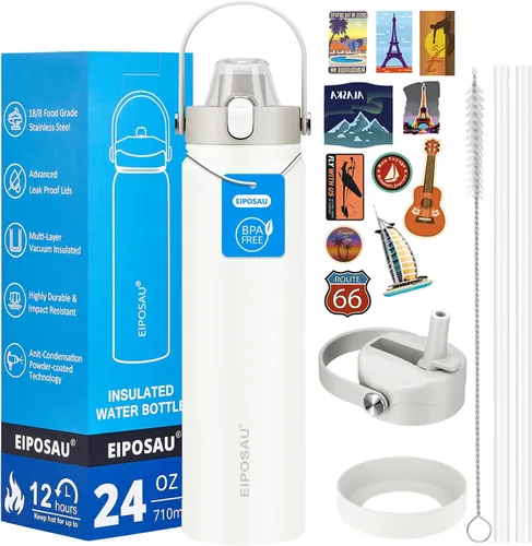 Miniatura 40 de Botella de agua aislada con tapa, bota y calcomanías, botella de acero inoxidable de 24 onzas, sin sudor, mantiene el frío las 24 horas, botella