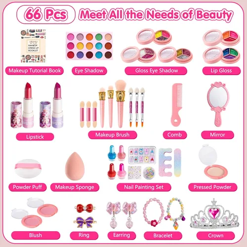 Miniatura 3 de Juego de 66 piezas de maquillaje para niñas – Juego de juguetes de maquillaje lavables para disfrazarse – Juego de tocador de maquillaje de belleza