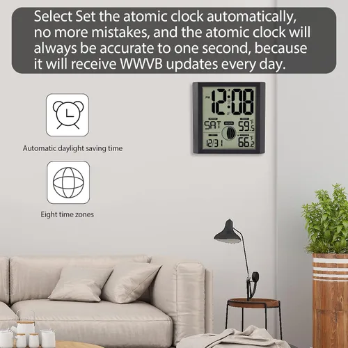 Miniatura 9 de Reloj de pared atómico con pantalla de números grandes para interiores y exteriores Wall Clock Battery Operated, Alarm